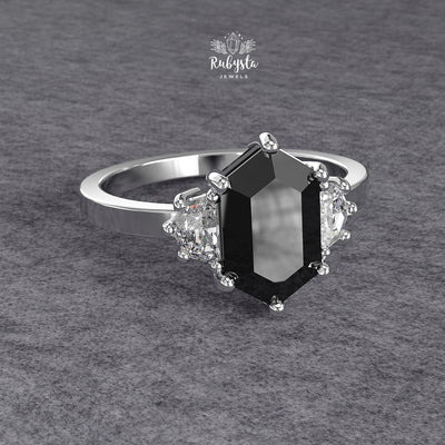 Hexagon Black Diamond Three-Stone Engagement Ring