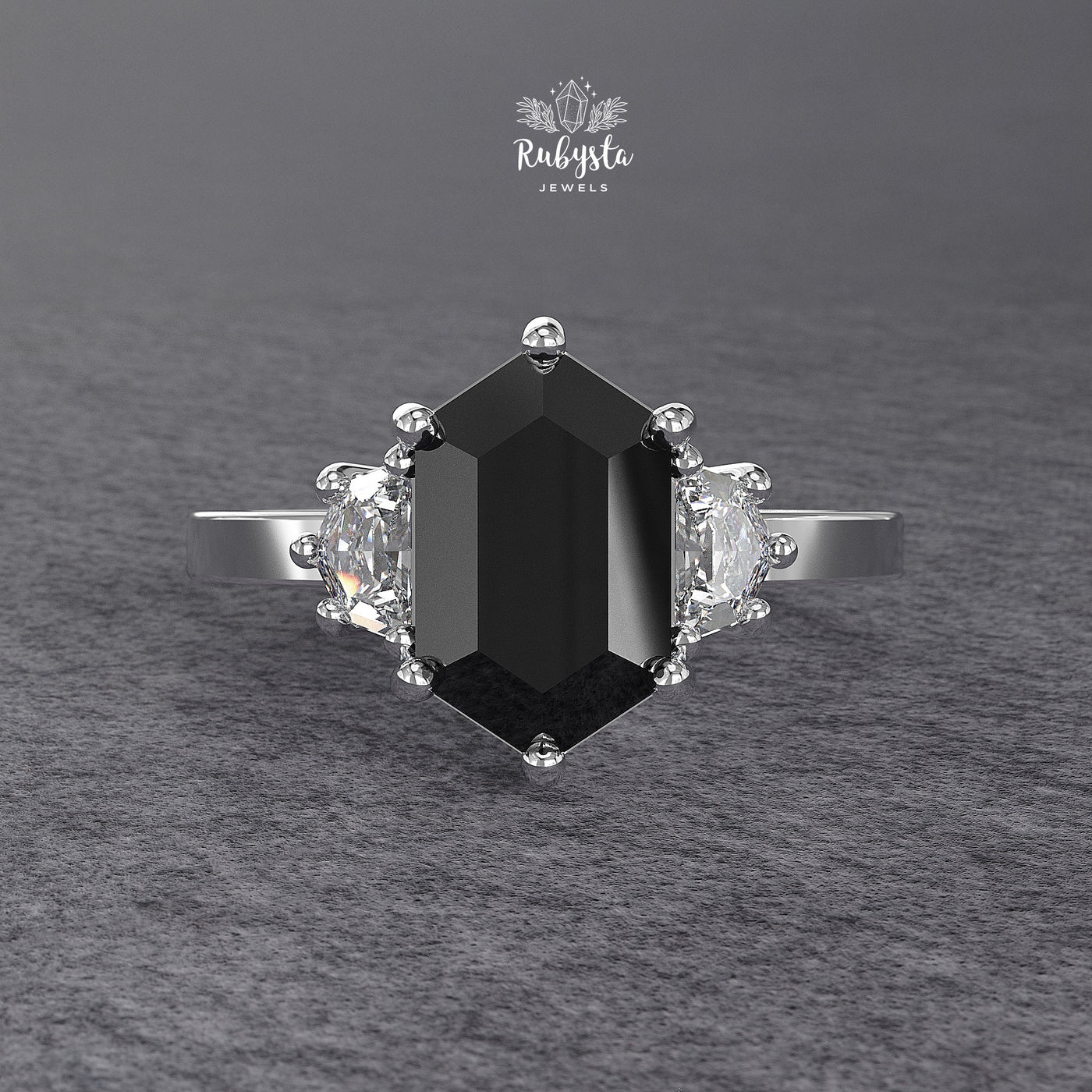 Hexagon Black Diamond Three-Stone Engagement Ring