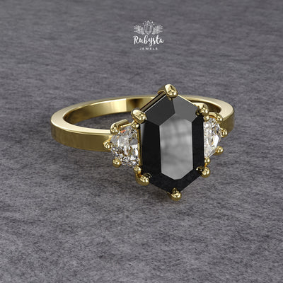 Hexagon Black Diamond Three-Stone Engagement Ring