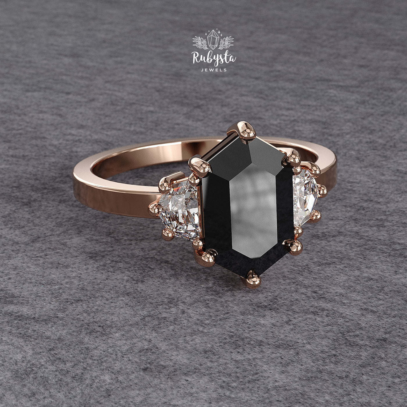 Hexagon Black Diamond Three-Stone Engagement Ring