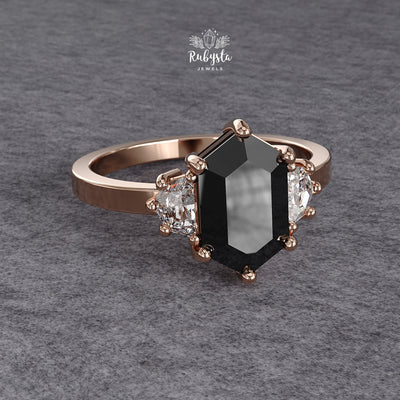 Hexagon Black Diamond Three-Stone Engagement Ring