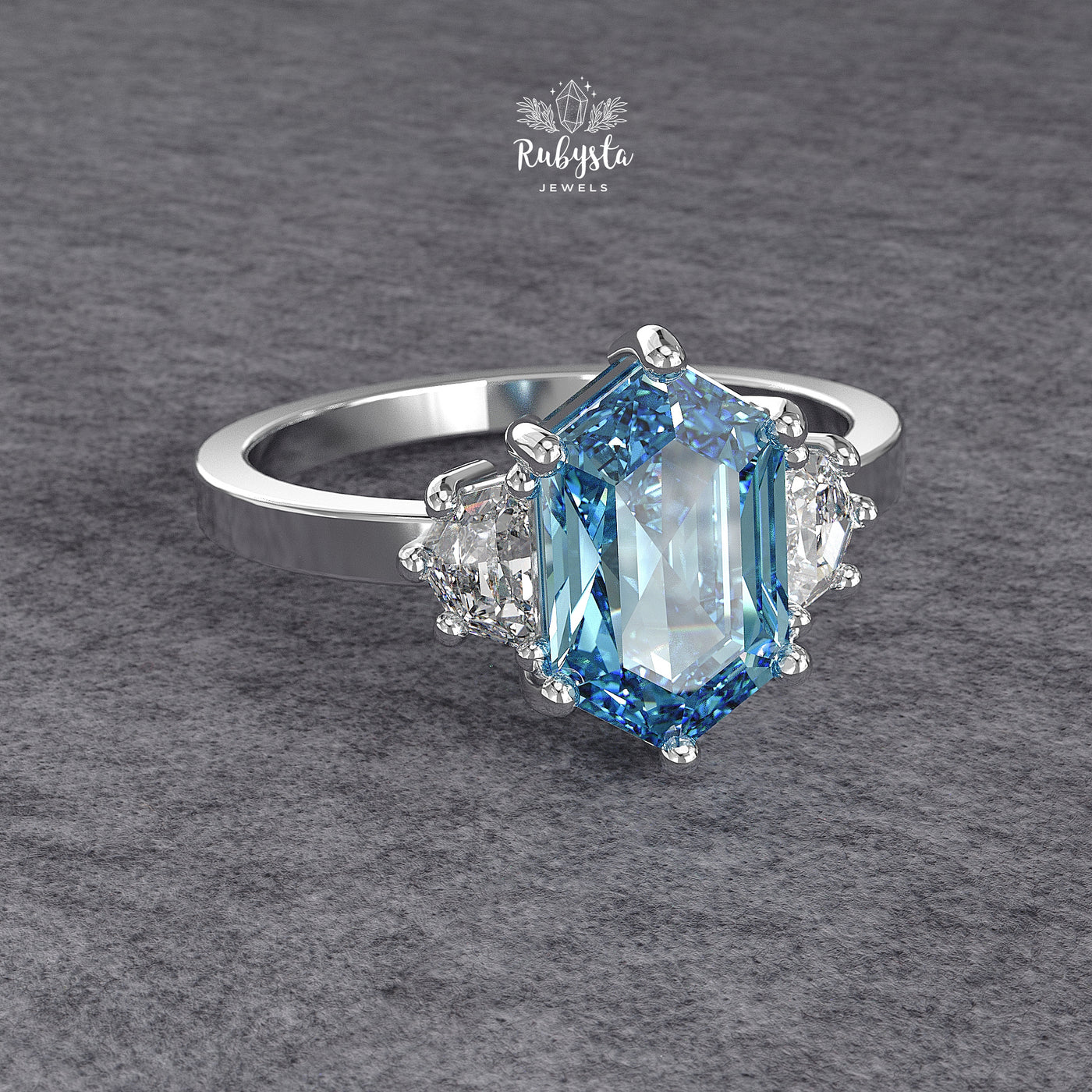 Hexagon Blue Lab-Grown Diamond Three-Stone Engagement Ring