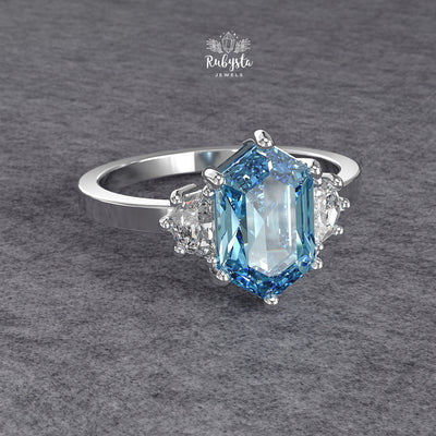 Hexagon Blue Lab-Grown Diamond Three-Stone Engagement Ring