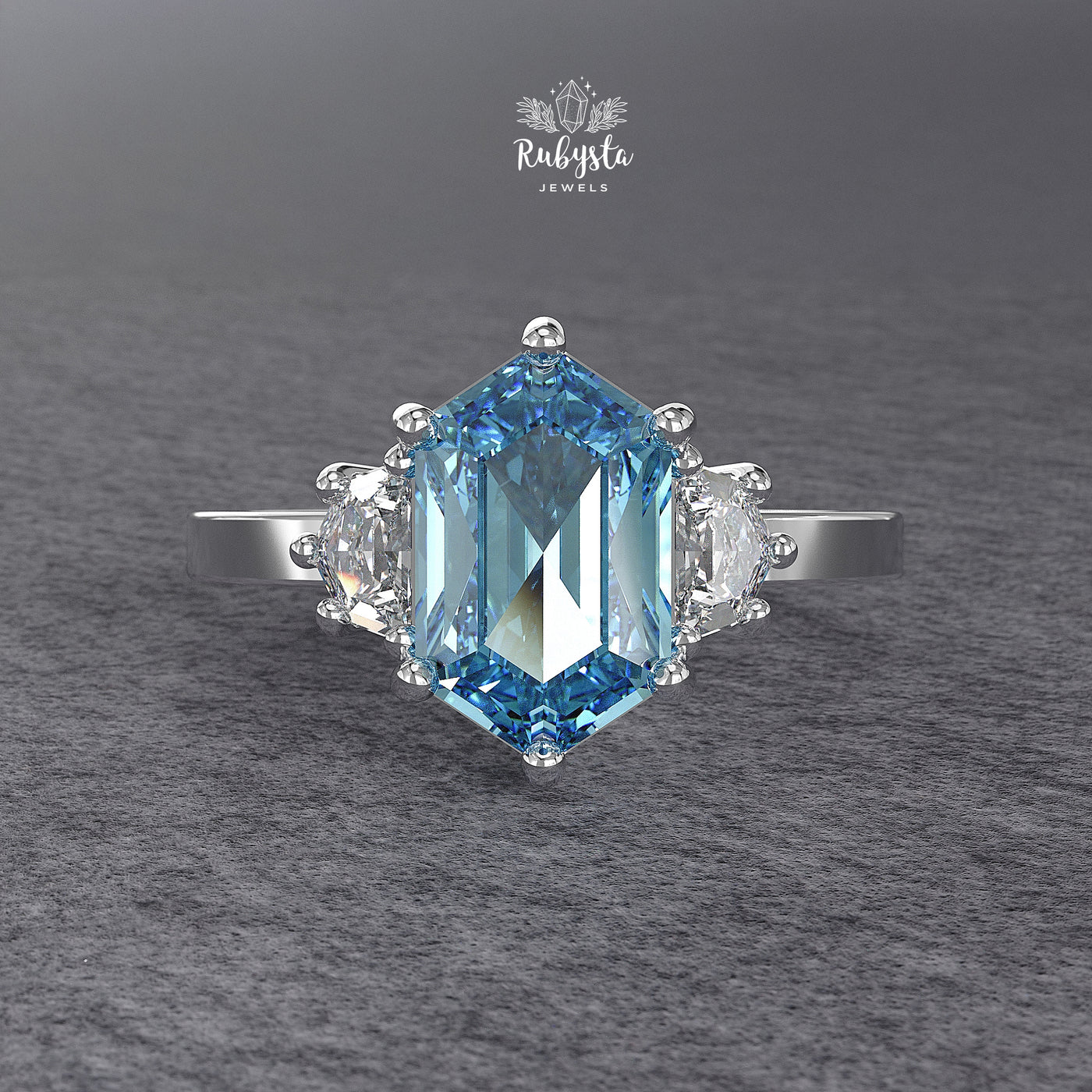 Hexagon Blue Lab-Grown Diamond Three-Stone Engagement Ring