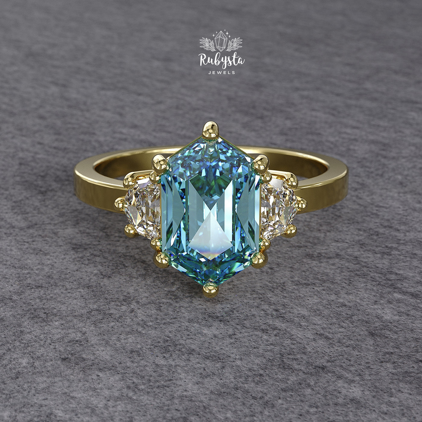 Hexagon Blue Lab-Grown Diamond Three-Stone Engagement Ring