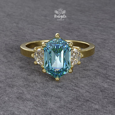 Hexagon Blue Lab-Grown Diamond Three-Stone Engagement Ring