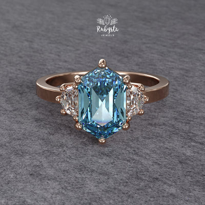 Hexagon Blue Lab-Grown Diamond Three-Stone Engagement Ring