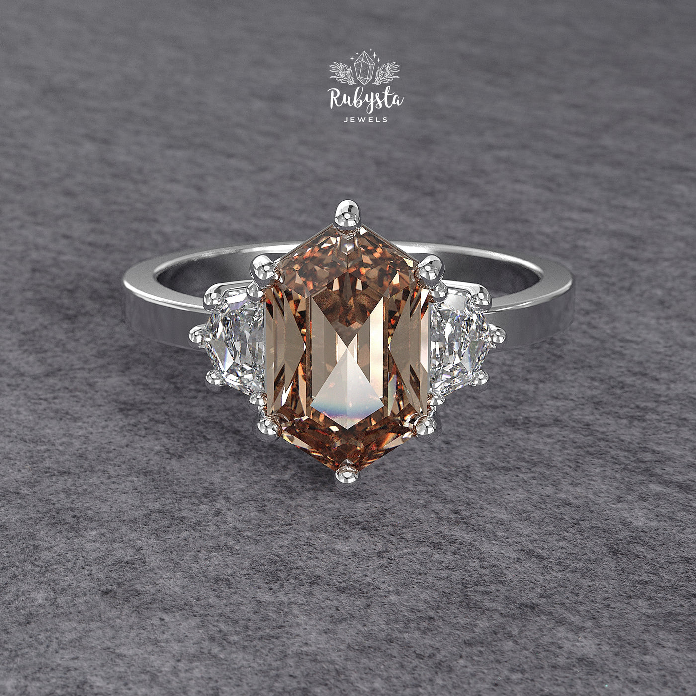 Fancy Brown Hexagon Lab-Grown Diamond Three-Stone Engagement Ring