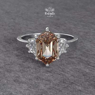 Fancy Brown Hexagon Lab-Grown Diamond Three-Stone Engagement Ring
