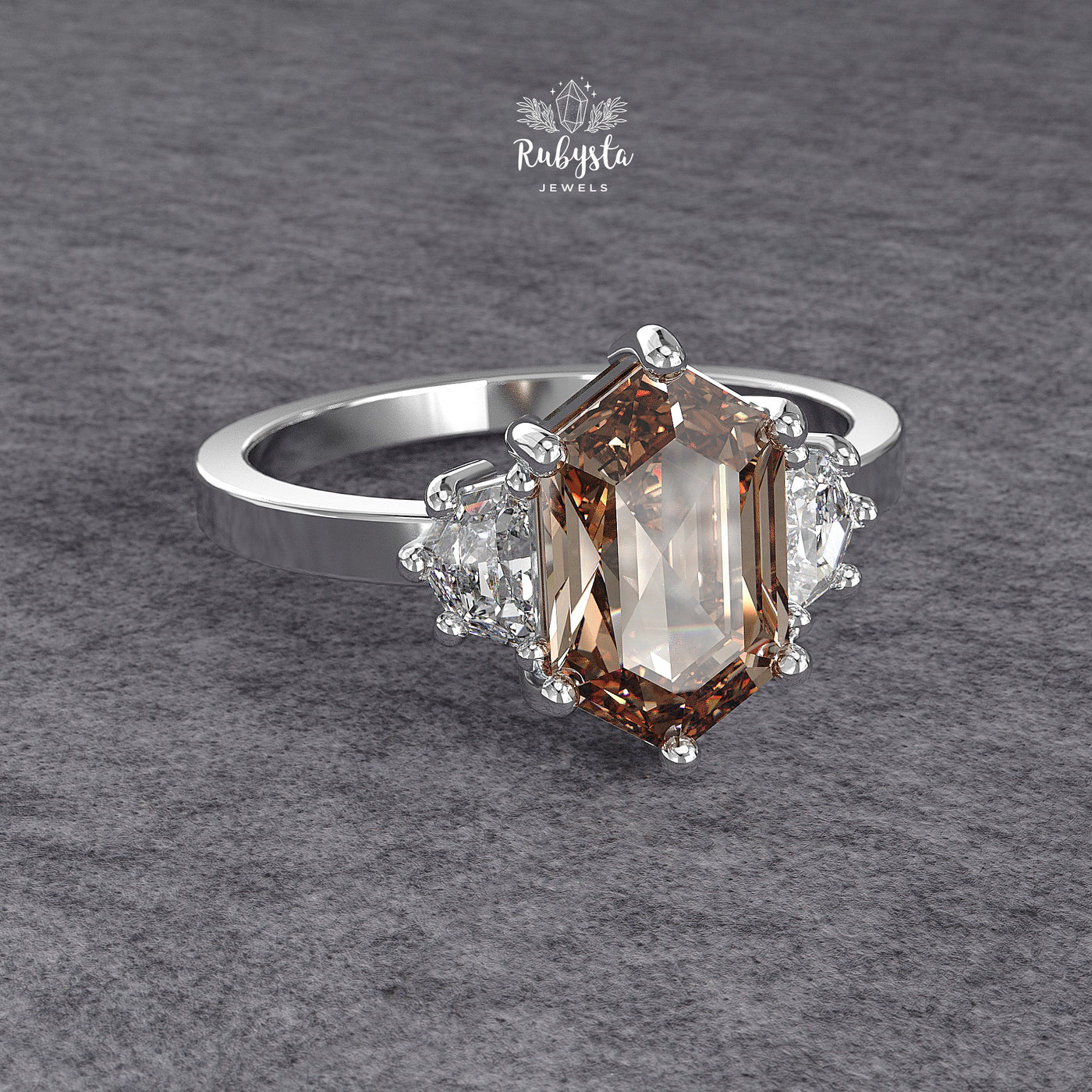Fancy Brown Hexagon Lab-Grown Diamond Three-Stone Engagement Ring