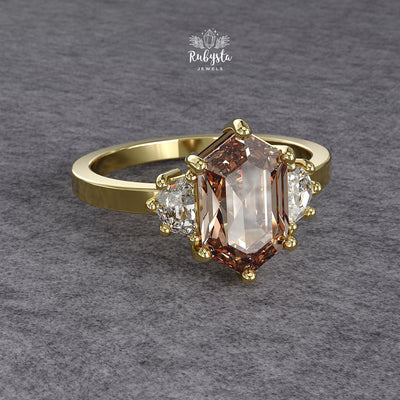 Fancy Brown Hexagon Lab-Grown Diamond Three-Stone Engagement Ring