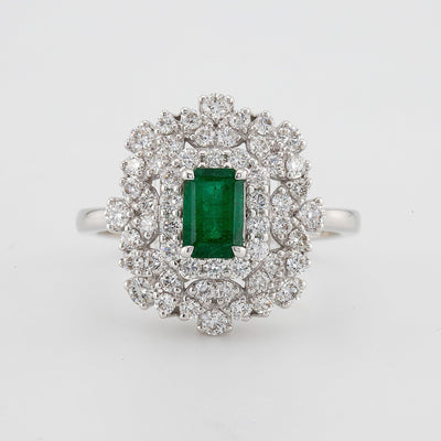 Zambian Emerald cut green emerald color with white round diamond halo setting engagement ring - Rubysta