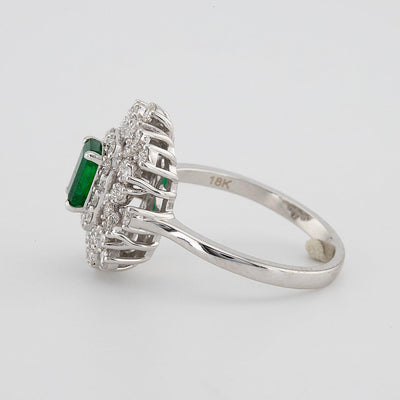 Zambian Emerald cut green emerald color with white round diamond halo setting engagement ring - Rubysta