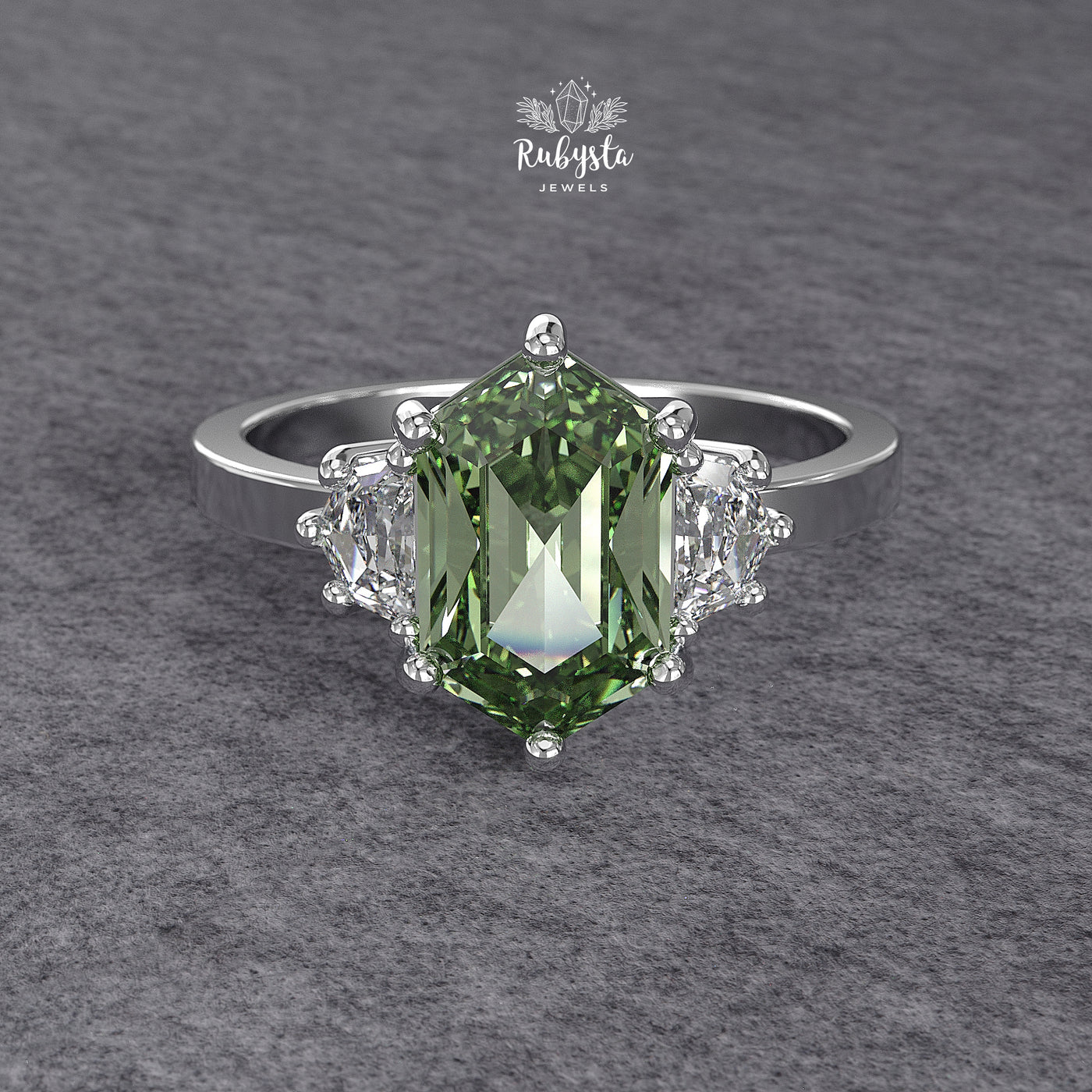 Green Hexagon Lab-Grown Diamond Three-Stone Engagement Ring