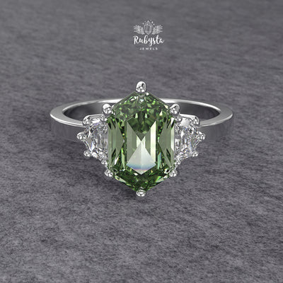 Green Hexagon Lab-Grown Diamond Three-Stone Engagement Ring