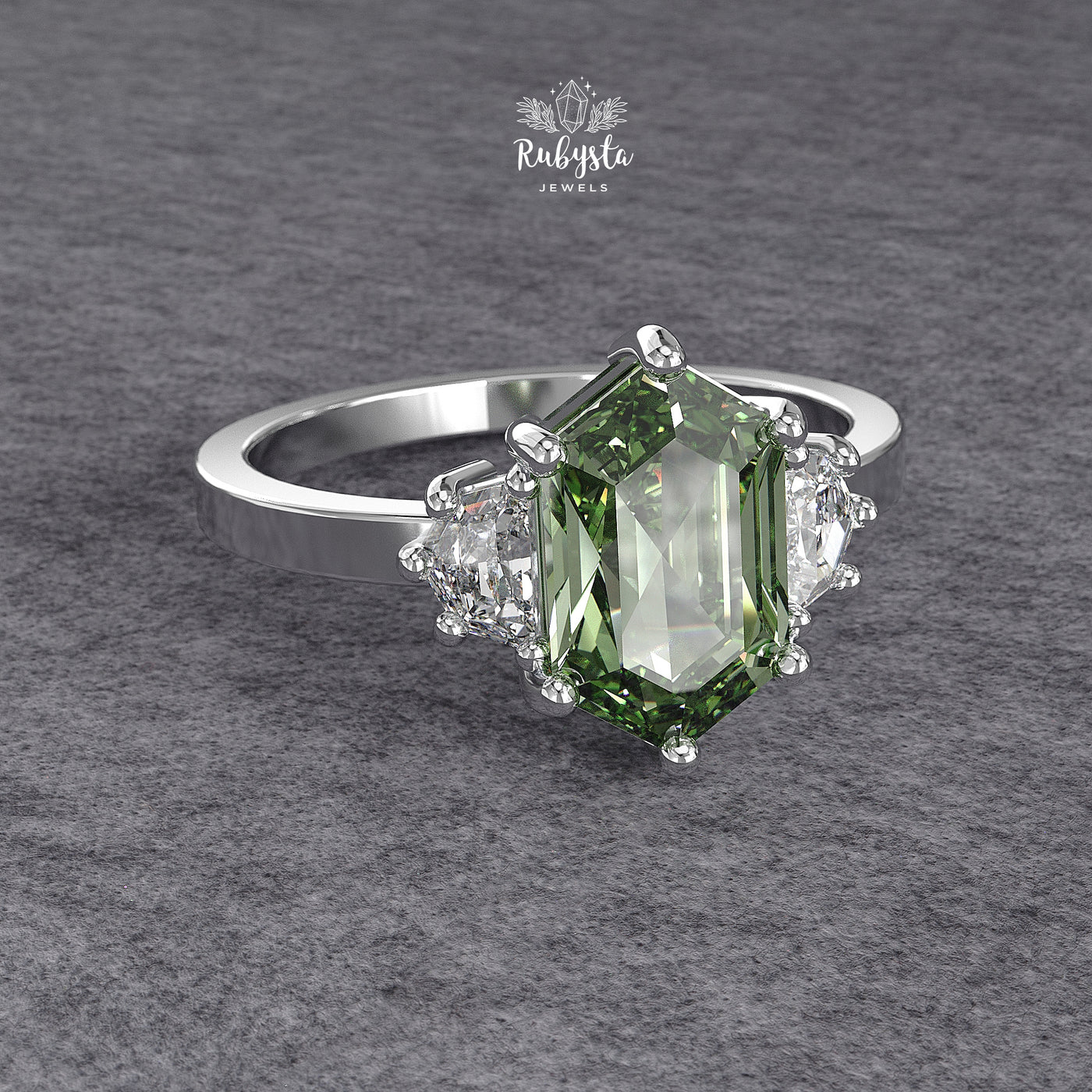 Green Hexagon Lab-Grown Diamond Three-Stone Engagement Ring