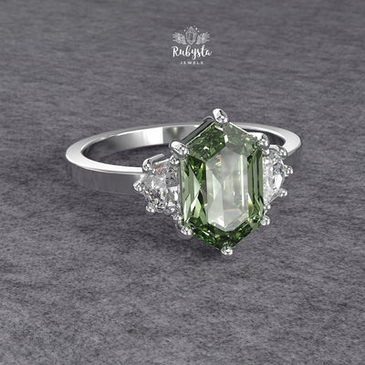 Green Hexagon Lab-Grown Diamond Three-Stone Engagement Ring
