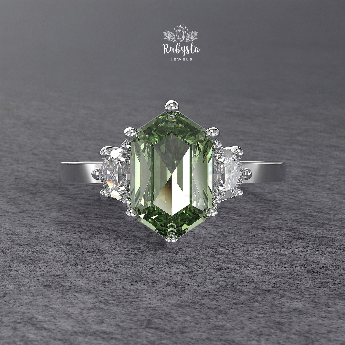 Green Hexagon Lab-Grown Diamond Three-Stone Engagement Ring