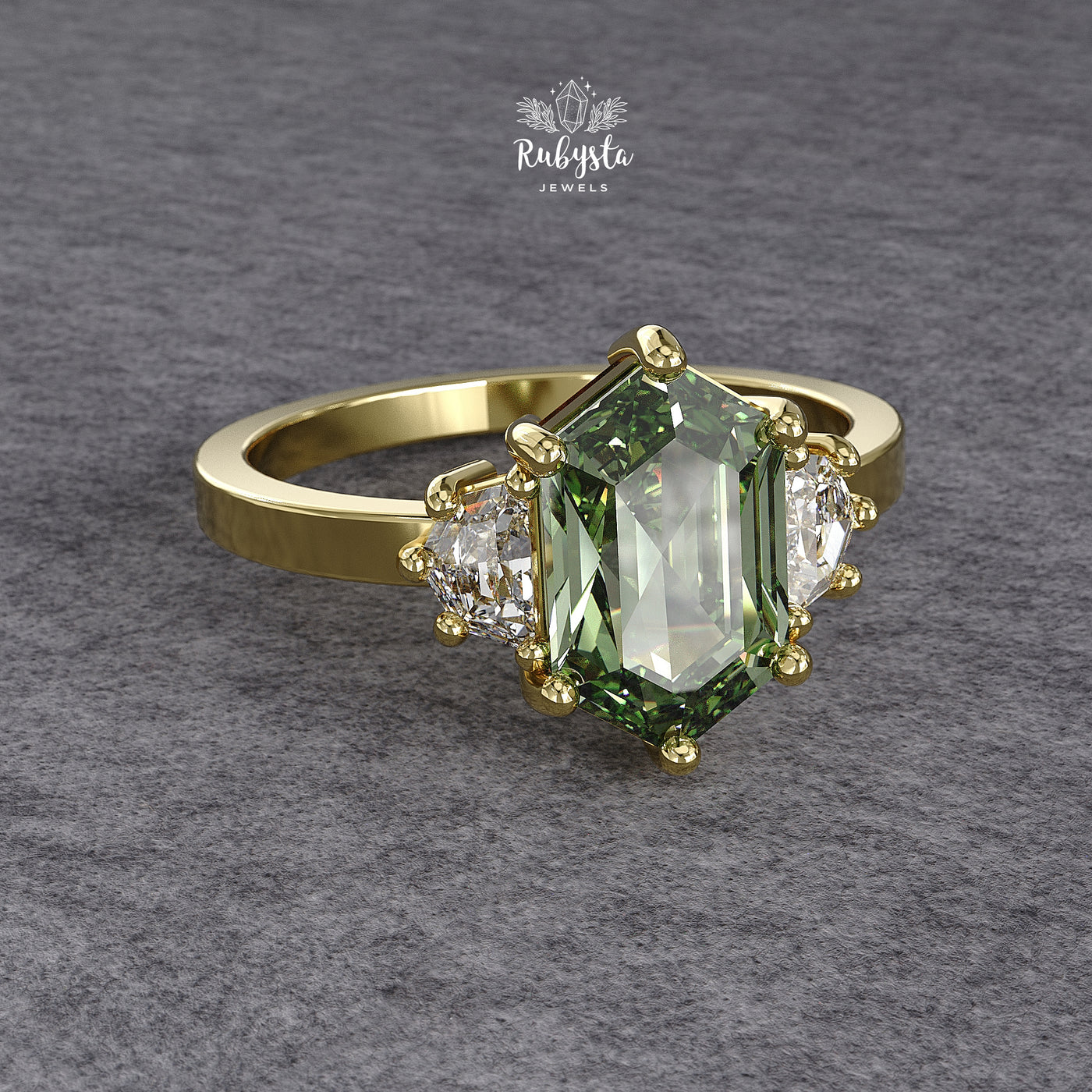 Green Hexagon Lab-Grown Diamond Three-Stone Engagement Ring
