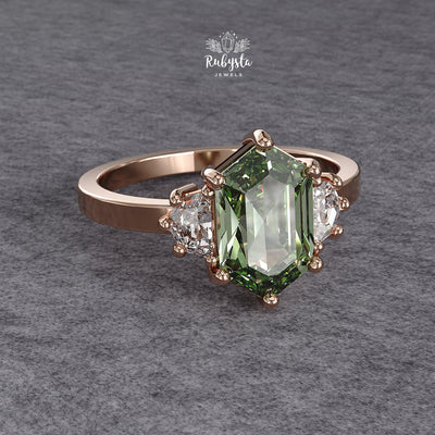 Green Hexagon Lab-Grown Diamond Three-Stone Engagement Ring