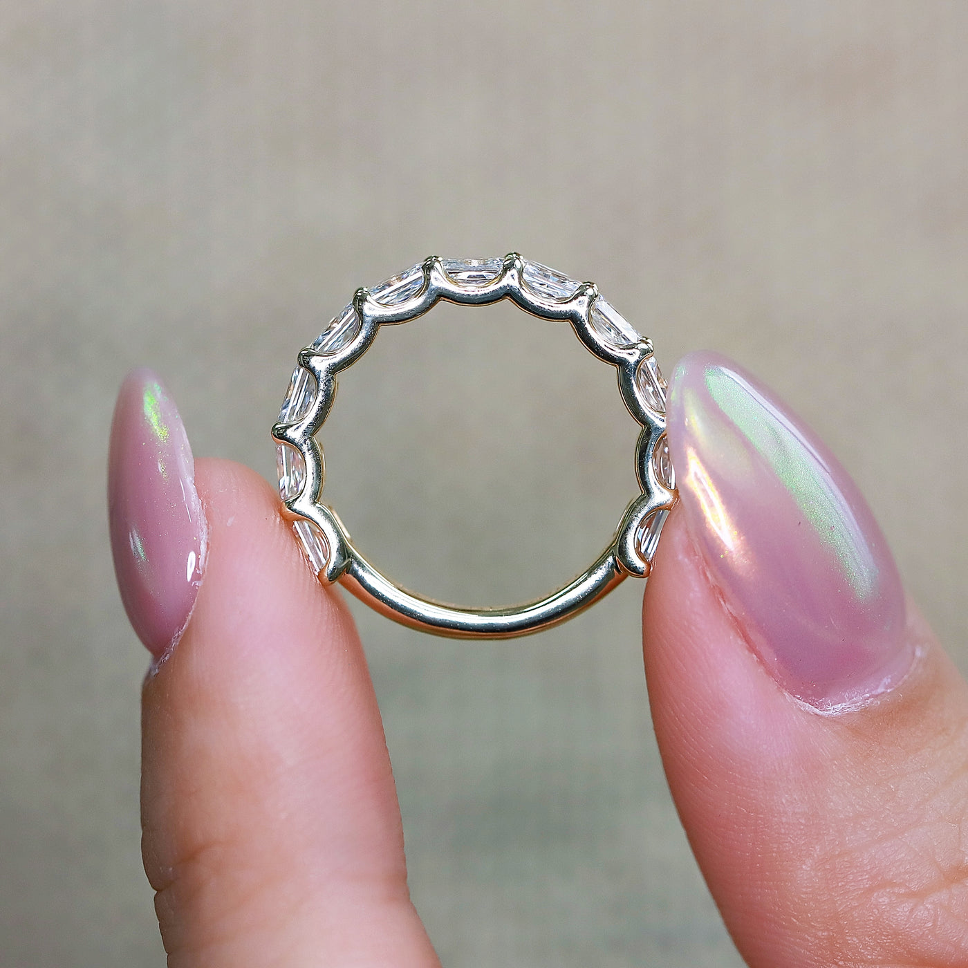 2.37ct Lab Grown Radiant Cut Diamond Eternity Ring | Round Prong Setting | Custom Yellow Gold Band