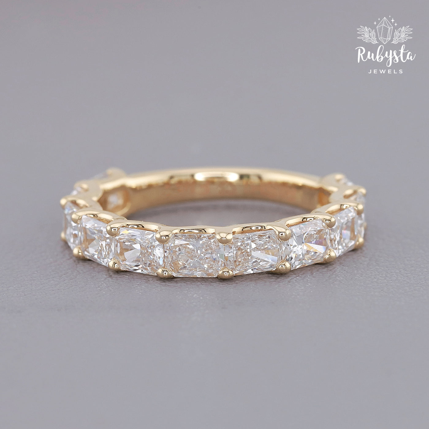 2.37ct Lab Grown Radiant Cut Diamond Eternity Ring | Round Prong Setting | Custom Yellow Gold Band