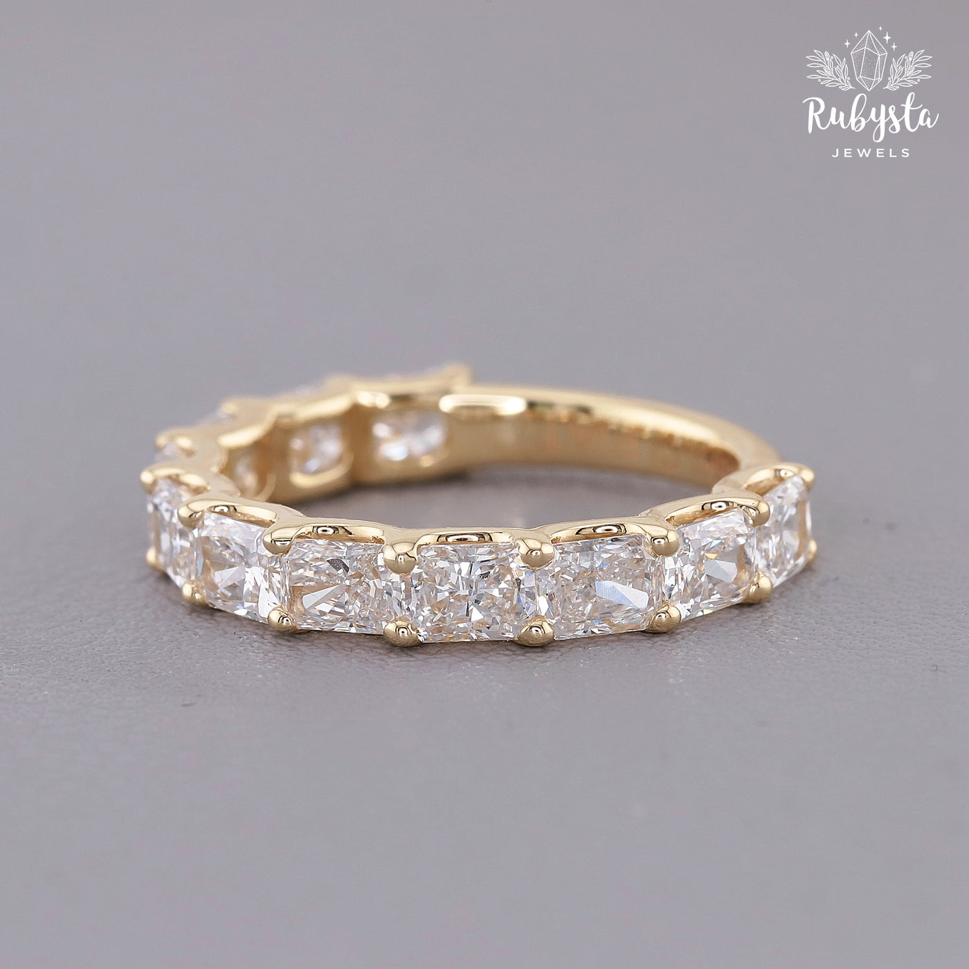 2.37ct Lab Grown Radiant Cut Diamond Eternity Ring | Round Prong Setting | Custom Yellow Gold Band