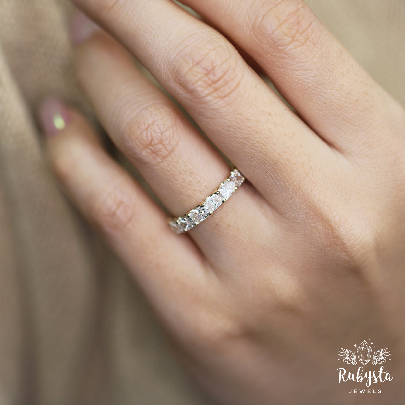 2.37ct Lab Grown Radiant Cut Diamond Eternity Ring | Round Prong Setting | Custom Yellow Gold Band