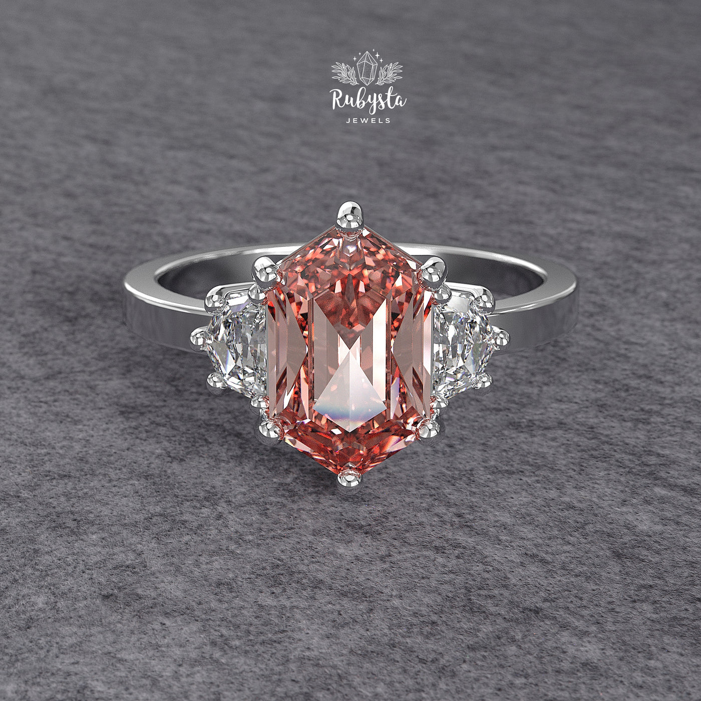 Hexagon Peach-Pink Lab Diamond Three-Stone Engagement Ring