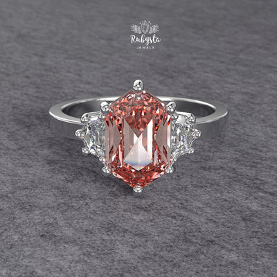 Hexagon Peach-Pink Lab Diamond Three-Stone Engagement Ring