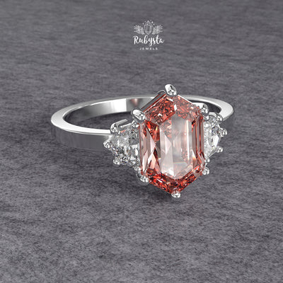 Hexagon Peach-Pink Lab Diamond Three-Stone Engagement Ring