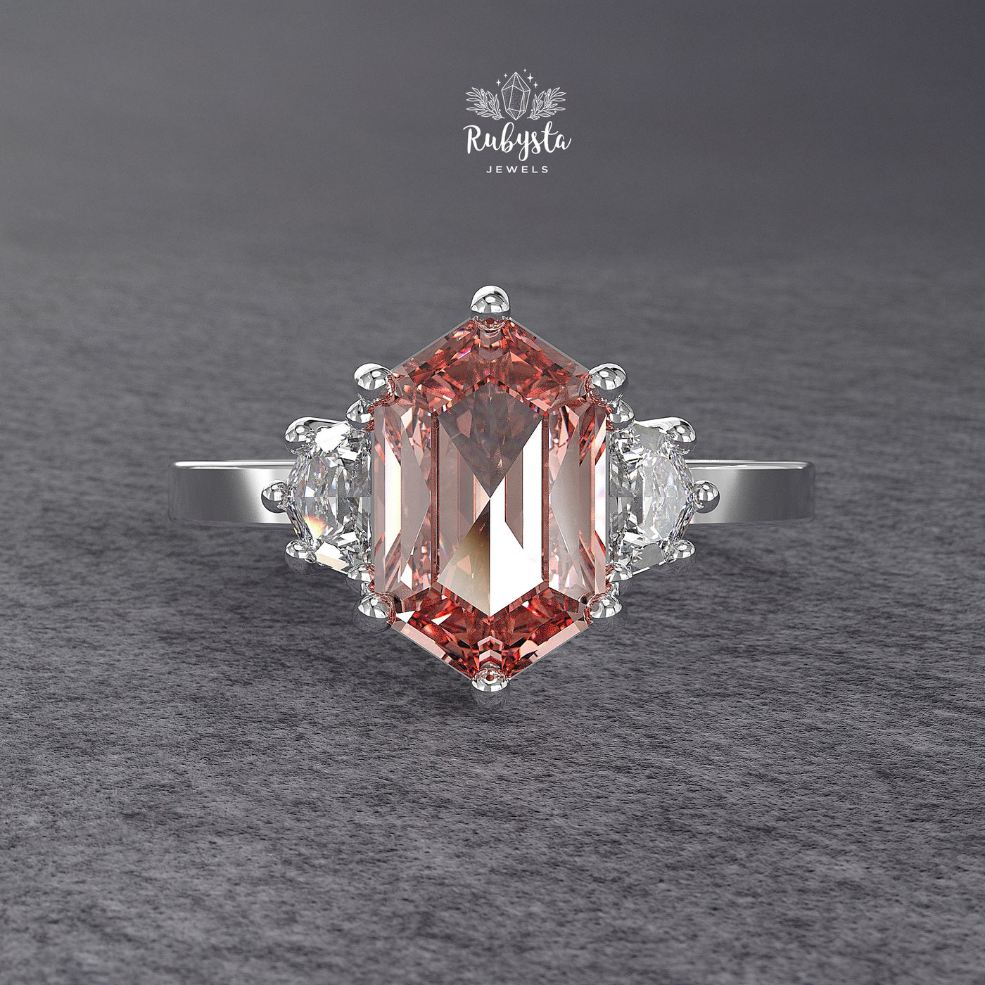 Hexagon Peach-Pink Lab Diamond Three-Stone Engagement Ring