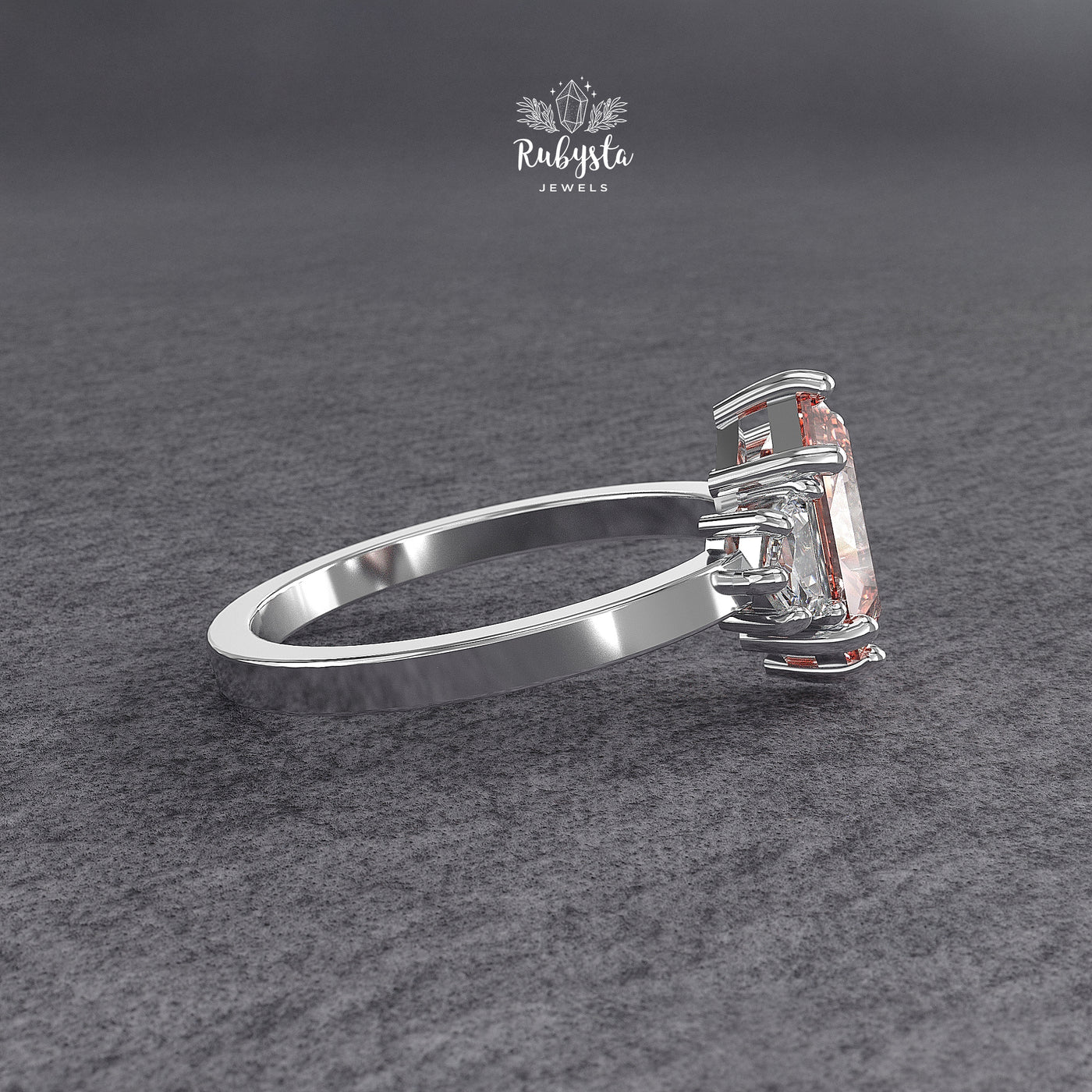 Hexagon Peach-Pink Lab Diamond Three-Stone Engagement Ring