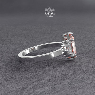 Hexagon Peach-Pink Lab Diamond Three-Stone Engagement Ring