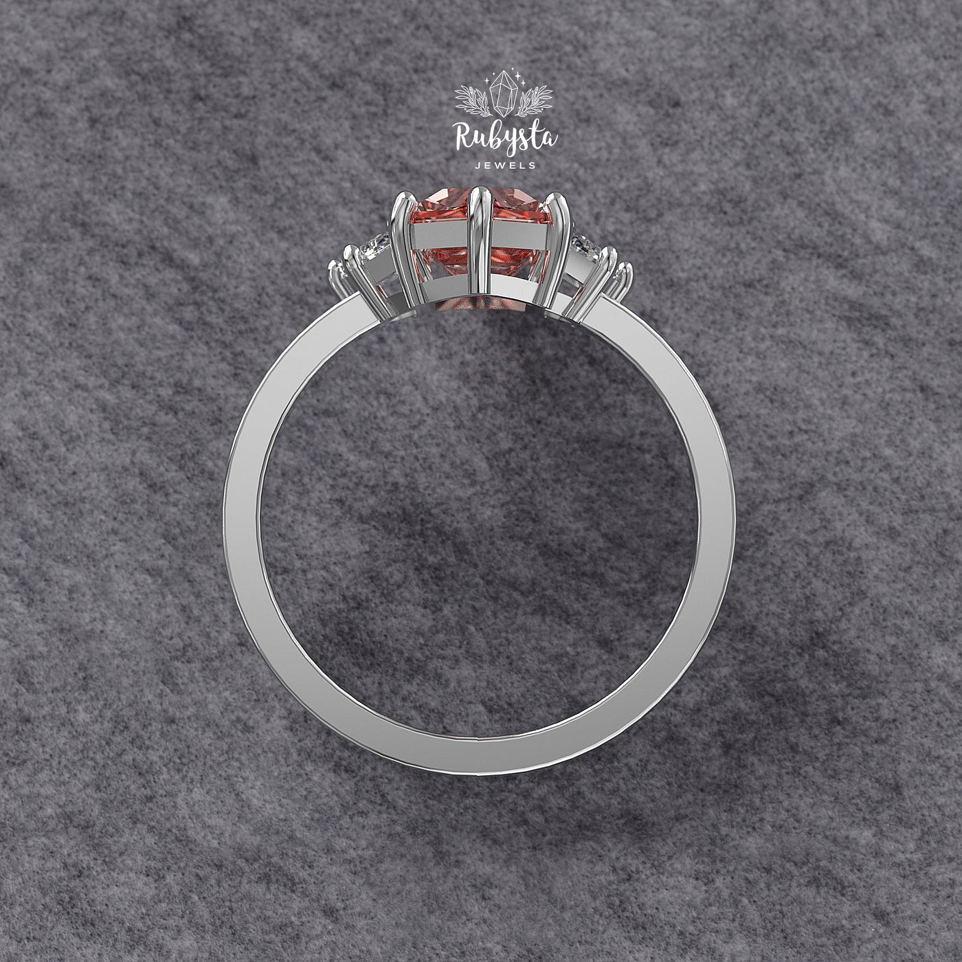 Hexagon Peach-Pink Lab Diamond Three-Stone Engagement Ring