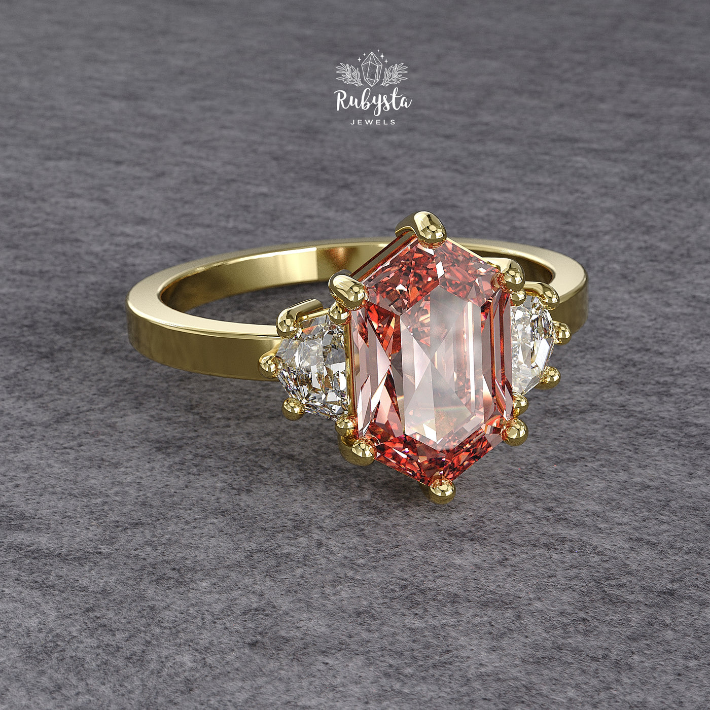 Hexagon Peach-Pink Lab Diamond Three-Stone Engagement Ring