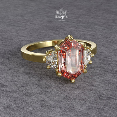 Hexagon Peach-Pink Lab Diamond Three-Stone Engagement Ring