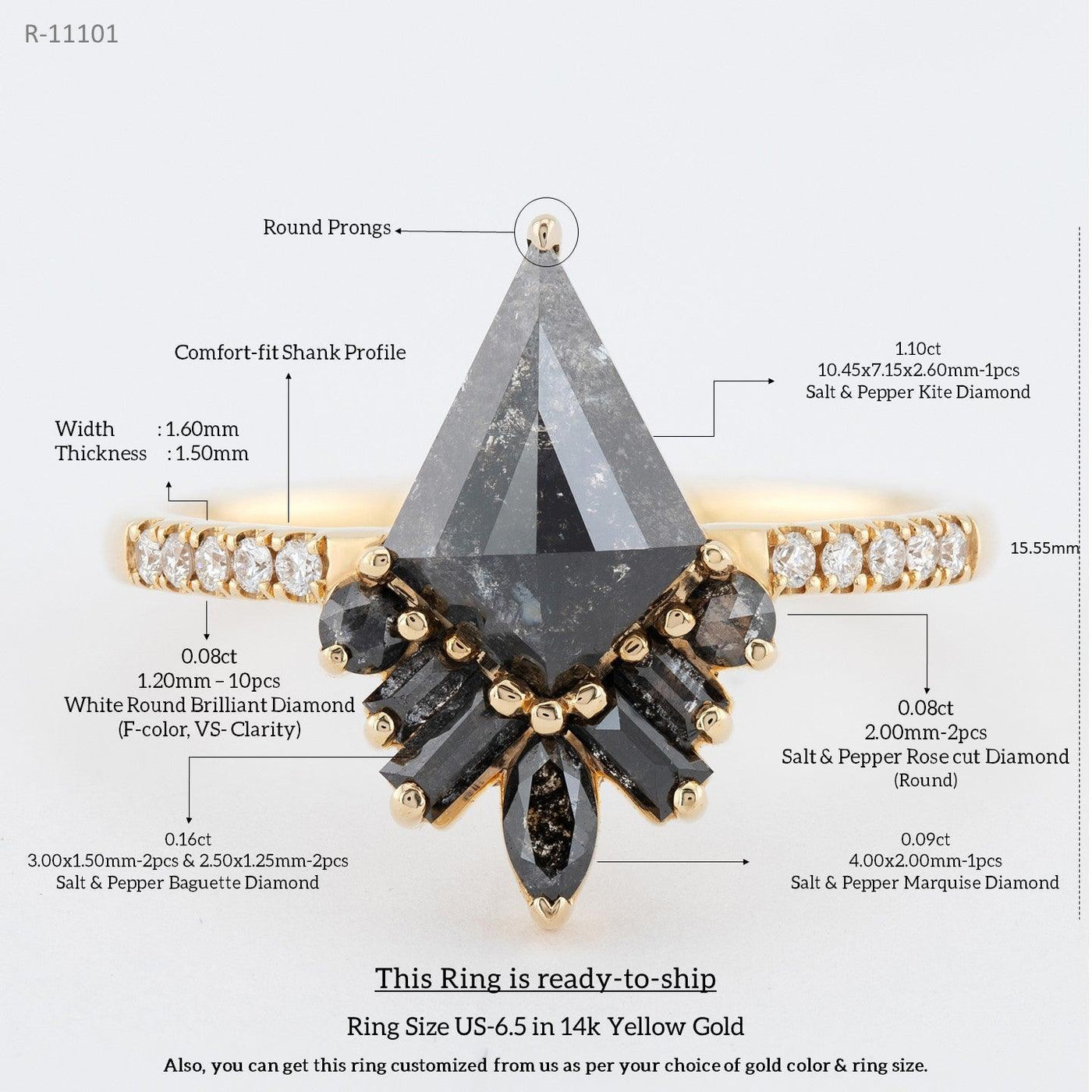 Kite Diamond Ring | Salt and Pepper diamond Ring | kite Engagement Ring | Bride Ring