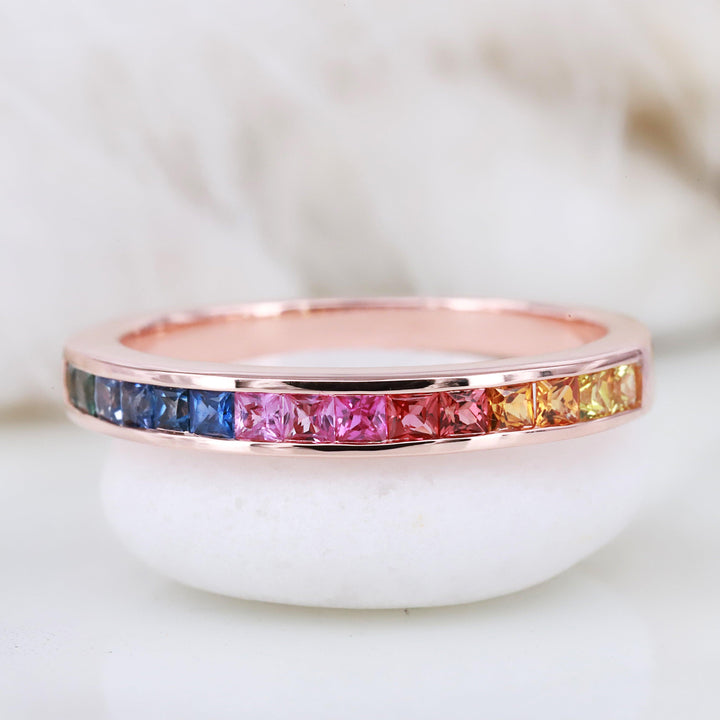 Multi-color Sapphire Ring Rainbow sapphire half eternity ring band fine jewelry - Rubysta