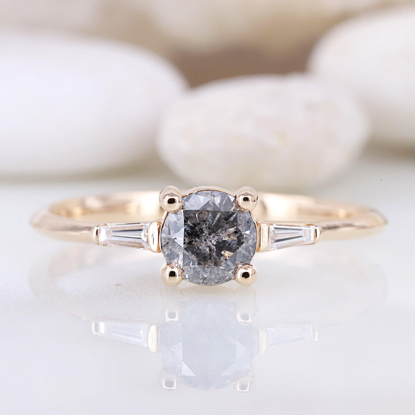 Salt and pepper Brilliant round diamond ring Baguette ring Engagement ring - Rubysta