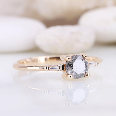 Salt and pepper Brilliant round diamond ring Baguette ring Engagement ring - Rubysta