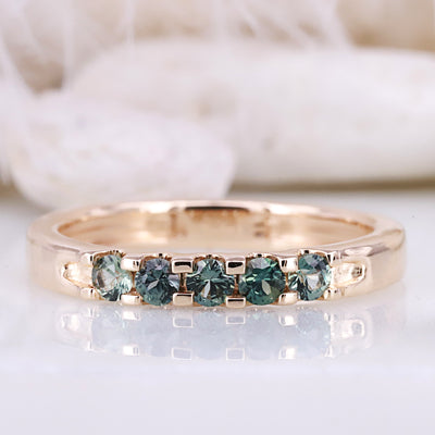 Teal sapphire ring Sapphire wedding band Engagement ring Shared prongs ring