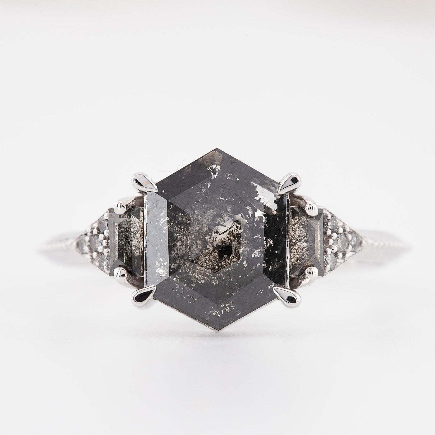 Engagement Ring, Hexagon shaped ring, Salt and pepper diamond - Rubysta