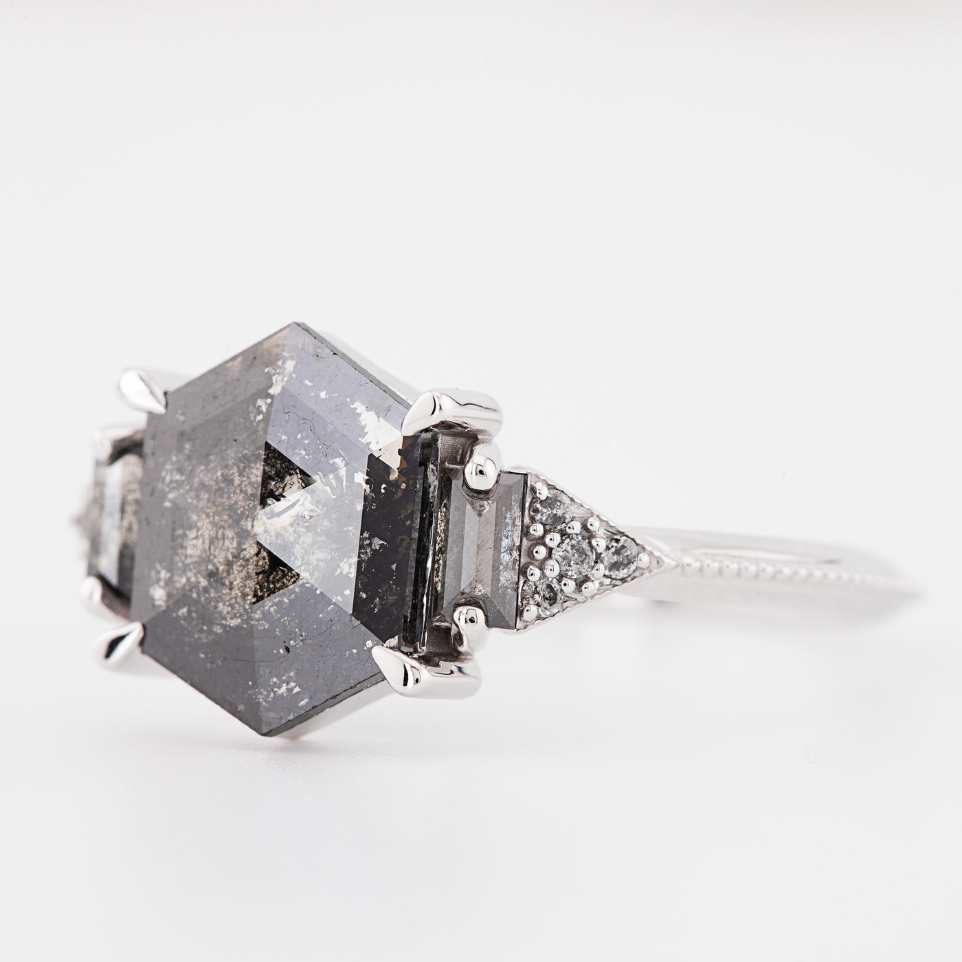 Engagement Ring, Hexagon shaped ring, Salt and pepper diamond