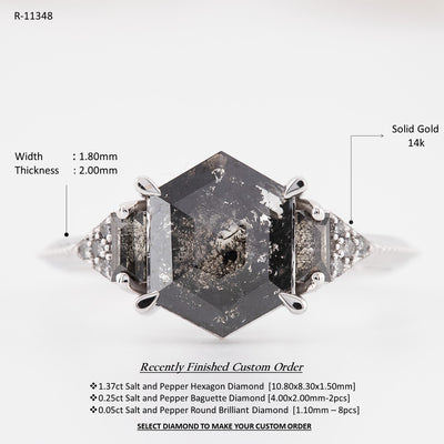 Engagement Ring, Hexagon shaped ring, Salt and pepper diamond