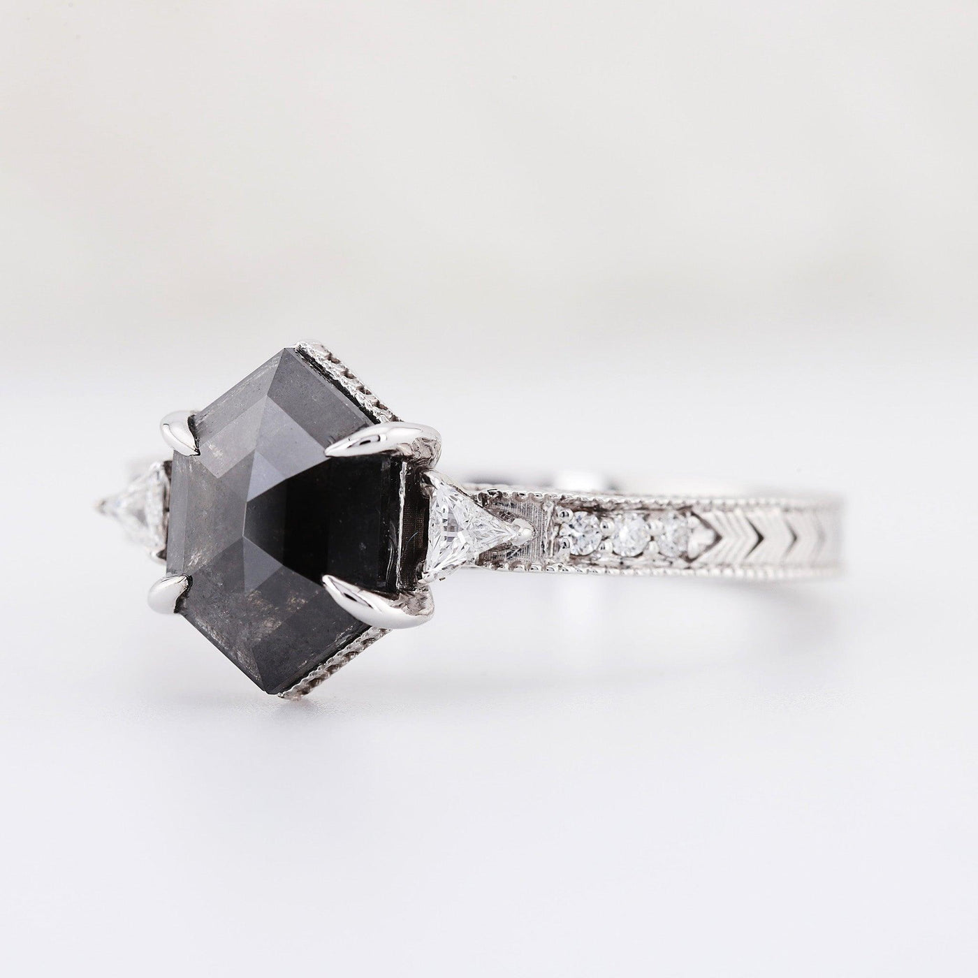 Engagement ring, Salt and pepper hexagon diamond ring, High profile setting ring - Rubysta
