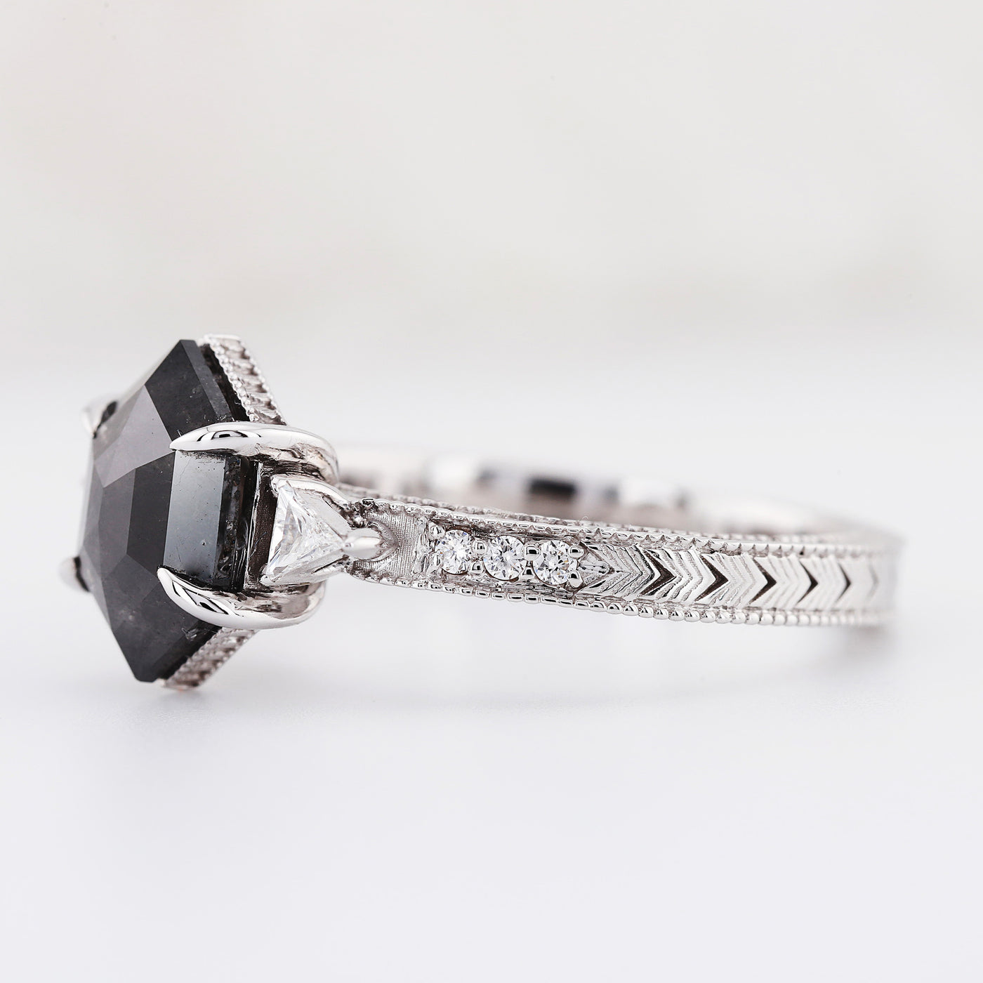 Engagement ring, Salt and pepper hexagon diamond ring, High profile setting ring