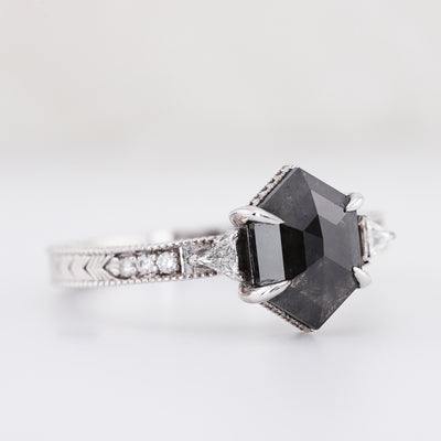 Engagement ring, Salt and pepper hexagon diamond ring, High profile setting ring
