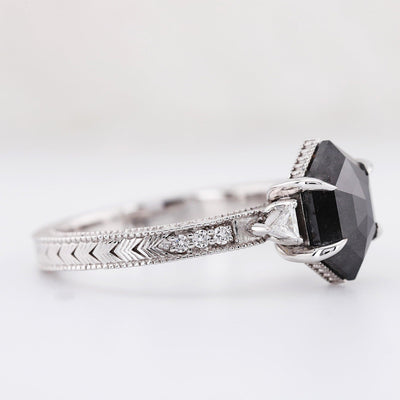 Engagement ring, Salt and pepper hexagon diamond ring, High profile setting ring - Rubysta