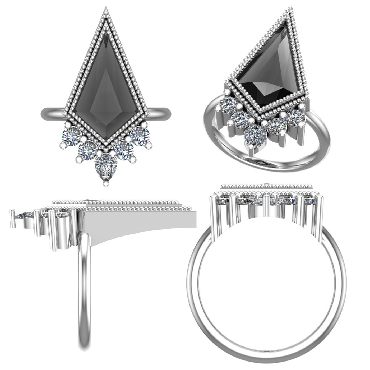 Salt and pepper Kite diamond ring, Bezel hammer setting band, Engagement Ring, 5 stone setting